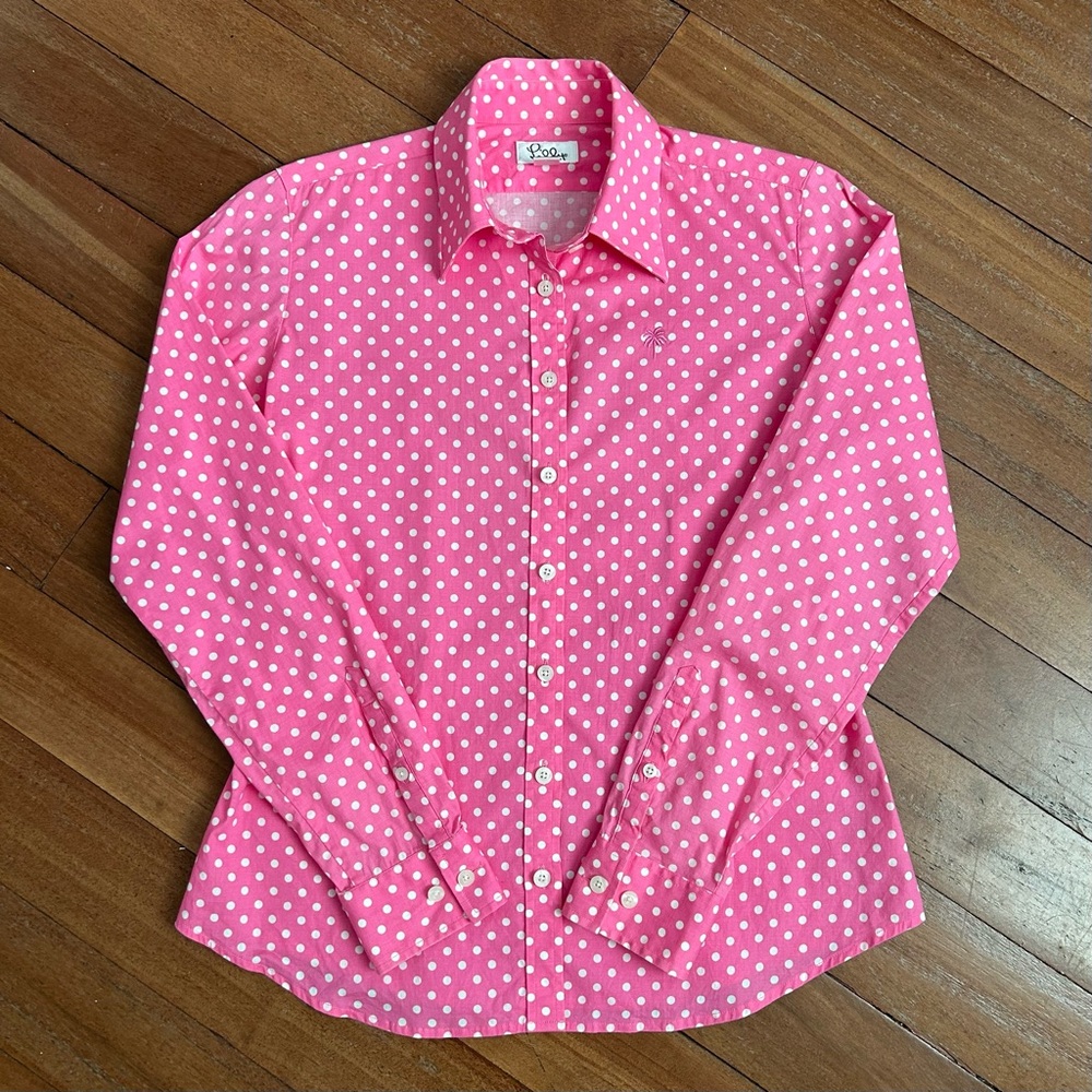 Lilly Pulitzer Long Sleeve Button Down Short Pink/White Polka Dot
